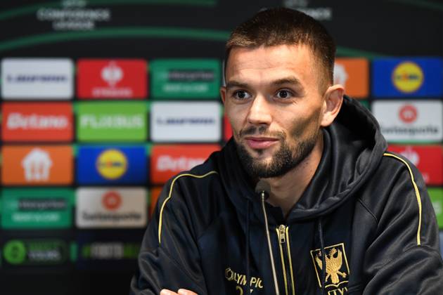 STVV s Visar Musliu pictured during a press conference, PK, Pressekonferenz of Belgian soccer team Sint-Truidense VV, Wednesday 21 October 2026 in Herning, Denmark, in preparation of tomorrow s game against Danish FC Midtjylland on the second day of the UEFA Conference League league phase. JILLxDELSAUX  x190514667x