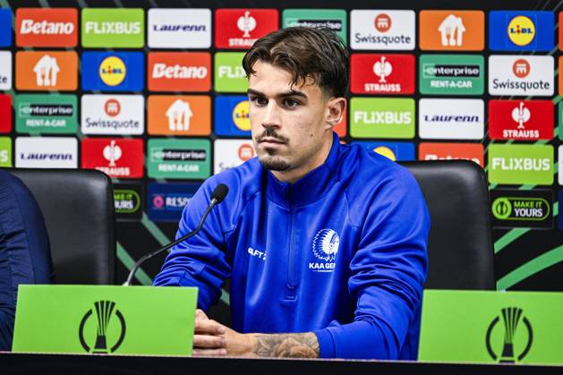 Tiago Araujo of KAA Gent pictured during a press conference, PK, Pressekonferenz of Belgian soccer team KAA Gent, Wednesday 21 October 2026 in Braga, Portugal. The team is preparing for the second match of the UEFA Conference League league phase against Portuguese SC Braga tomorrow. TOM GOYVAERTS TomxGoyvaerts  x190515877x