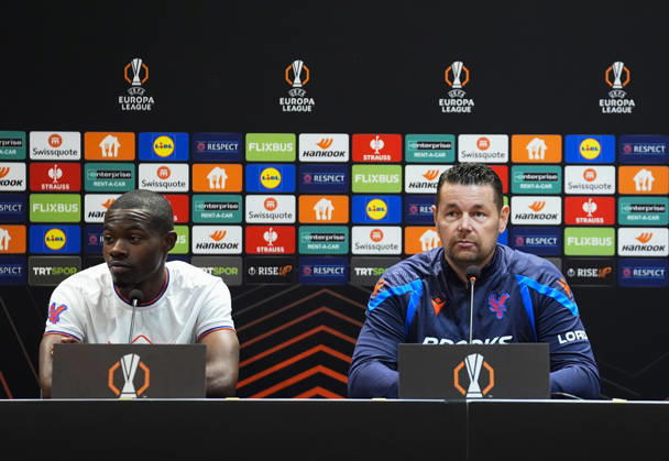 Ahead of Besiktas v Crystal Palace - UEFA Europa League ISTANBUL, TURKIYE - OCTOBER 21: Pierre Sage (R), head coach of Crystal Palace and Tyrick Mitchell (L) of Crystal Palace attend a press conference, PK, Pressekonferenz at Tupras Stadium ahead of UEFA Europa League football match against Besiktas in Istanbul, Turkiye on October 21, 2026. Esra Bilgin Anadolu Istanbul Turkey. Editorial use only. Please get in touch for any other usage.  Copyright: x2026xAnadoluxEsraxBilginx