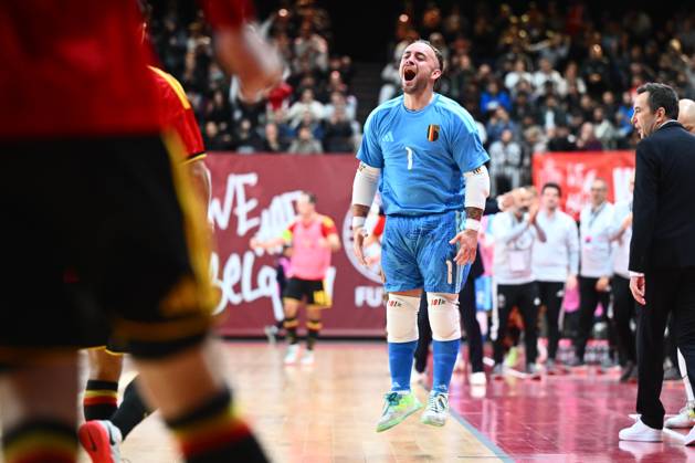 Belgium vs Slovenia - FIFA Futsal World Cup 2028 Main Round Group Phase ANTWERPEN, BELGIUM - OCTOBER 21 : Vrancken Dries goalkeeper of Red Devils Futsal celebrates scoring a goal during the FIFA Futsal World up 2028 main round group phase at the Lotto Arena on October 21, 2026 in Antwerpen, Belgium, 21 10 2026 Antwerpen Belgium  Copyright: xGvgx