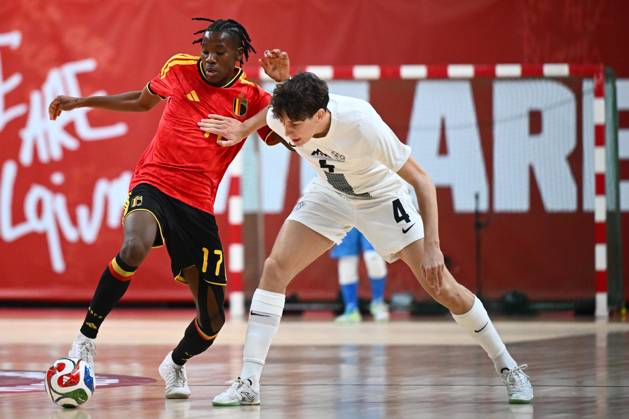 Belgium vs Slovenia - FIFA Futsal World Cup 2028 Main Round Group Phase ANTWERPEN, BELGIUM - OCTOBER 21 : Mbazoa Julien of Red Devils Futsal, Mihael Cop of Slovenia during the FIFA Futsal World up 2028 main round group phase at the Lotto Arena on October 21, 2026 in Antwerpen, Belgium, 21 10 2026 Antwerpen Belgium  Copyright: xGvgx