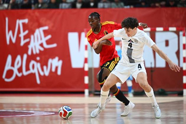 Belgium vs Slovenia - FIFA Futsal World Cup 2028 Main Round Group Phase ANTWERPEN, BELGIUM - OCTOBER 21 : Mbazoa Julien of Red Devils Futsal, Mihael Cop of Slovenia during the FIFA Futsal World up 2028 main round group phase at the Lotto Arena on October 21, 2026 in Antwerpen, Belgium, 21 10 2026 Antwerpen Belgium  Copyright: xGvgx
