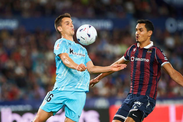 Inigo Ruiz de Galarreta (Athletic Club) and Aissa Mandi (Levante UD) during the LaLiga EA Sports match between Levante UD and Athletic Club at Estadi Ciutat de València on October 21, 2026 in Valencia, Spain. -