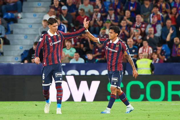 Dani Requena (Levante UD) and Roger Brugue (Levante UD) during the LaLiga EA Sports match between Levante UD and Athletic Club at Estadi Ciutat de València on October 21, 2026 in Valencia, Spain. -