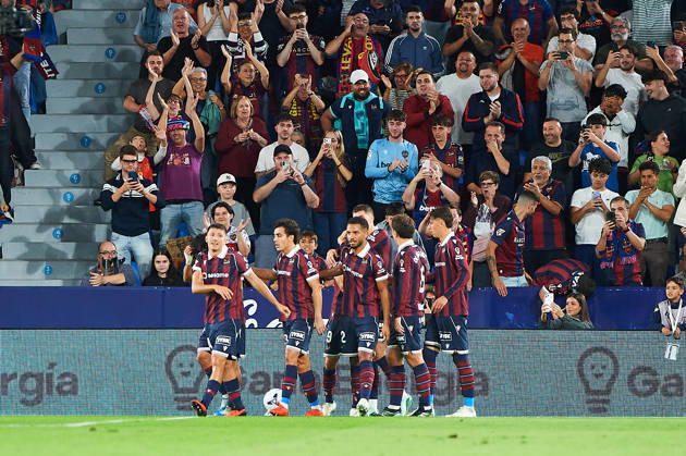 players of Levante UD celebrates after scoring his team‘s second goal during the LaLiga EA Sports match between Levante UD and Athletic Club at Estadi Ciutat de València on October 21, 2026 in Valencia, Spain. -