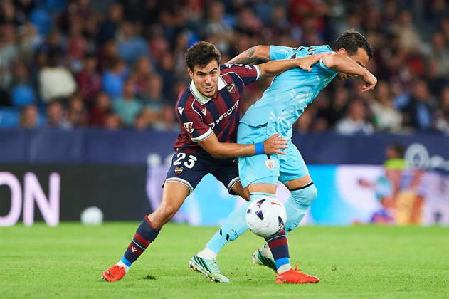 Manu Sanchez (Levante UD) and Alex Berenguer (Athletic Club) during the LaLiga EA Sports match between Levante UD and Athletic Club at Estadi Ciutat de València on October 21, 2026 in Valencia, Spain. -