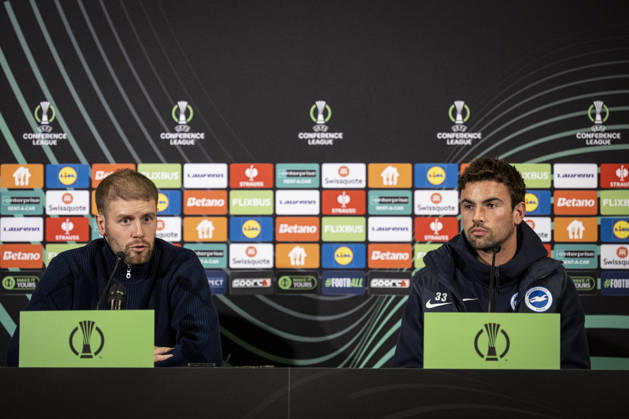 From left Coach Fabian Hurzeler and player Matt O Riley of Brighton speak during the press conference, PK, Pressekonferenz prior to the Football Conference League 2nd round match FK Jablonec vs Brighton in Jablonec nad Nisou, Czech Republic, October 21, 2026. (CTKxPhoto RadekxPetrasek) CTKPhotoP2026102108500  CTKPhotoP2026102108500