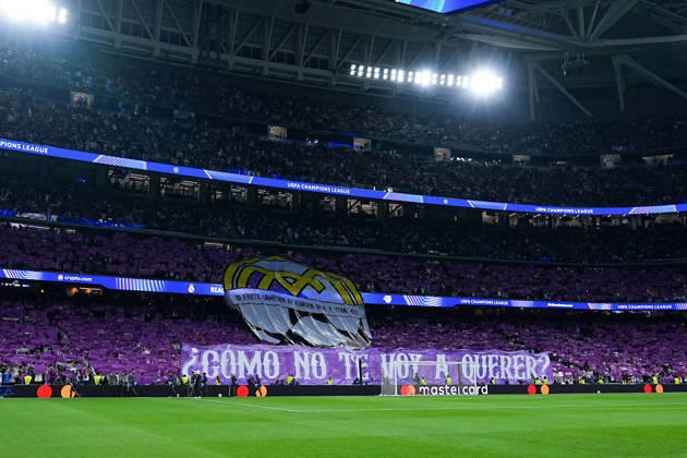 21.10.2026, xydrx, Herren, Fußball, UEFA Champions League, Real Madrid - RB Leipzig, Saison 2026 2027, Estadio Santiago Bernabeu: Choreografie der Fans von Real Marid Regulations prohibit any use of photographs as image sequences and or quasi-video. Copyright: HMBxMedia YannisxDreimann