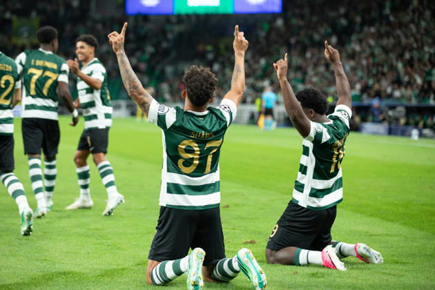 October 21, 2026, Lisbon, Lisbon, Portugal: Sporting forward from Colombia LUIS SUAREZ (97) celebrating after scoring a goal with Sporting forward from Australia NESTORY IRANKUNDA (19) during the game for the League Phase for the UEFA Champions League between Sporting and LASK Linz at Estadio Jose de Alvalade Soccer 2026: Sporting Vs LASK Linz  - ZUMAs359 20261021_zsp_s359_005 Copyright: xAlexandrexdexSousax