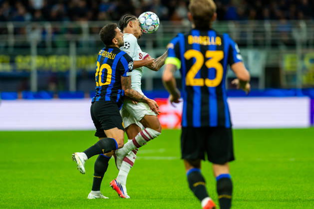 Hakan Calhanoglu and Kaua Elias seen during UEFA Champions League 2026 27 league phase game between Internazionale Milano and FC Shakhtar Donetsk (Gleb Soboliev Ball Raw Images) Milan San Siro Italy Copyright: xGlebxSobolievx glebsoboliev_inter_shakhtar_013