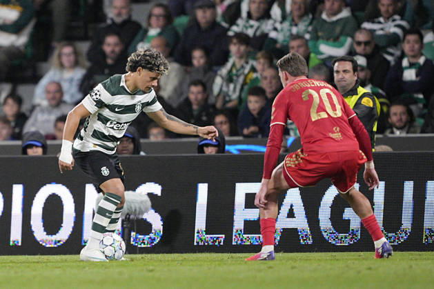 LISBON, PORTUGAL - OCTOBER 21: Maxi Araujo of Sporting CP dribbles past an opponent during the UEFA Champions League 2026 27 League Phase MD3 match between Sporting Club de Portugal and LASK at Estadio Jose Alvalade on October 21, 2026 in Lisbon, Portugal (Photo by Pedro Loureiro Sports Press Photo SPP) Copyright: xSportsxPressxPhotox Sportspressphoto_SPR263116