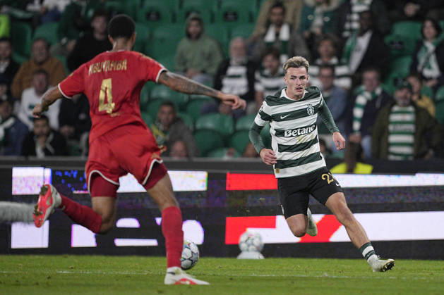 LISBON, PORTUGAL - OCTOBER 21: Jesse Derry of Sporting CP dribbles past an opponent during the UEFA Champions League 2026 27 League Phase MD3 match between Sporting Club de Portugal and LASK at Estadio Jose Alvalade on October 21, 2026 in Lisbon, Portugal (Photo by Pedro Loureiro Sports Press Photo SPP) Copyright: xSportsxPressxPhotox Sportspressphoto_SPR263146