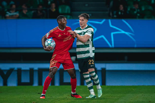 October 21, 2026, Lisbon, Lisbon, Portugal: LISBON, PORTUGAL - OCTOBER 21: LASK s Yvan Dibango battles with Sporting CP s Ivan Fresneda during the UEFA Champions League match at Estadio Jose Alvalade on October 21, 2026 in Lisbon, Portugal. ZUMA Press Wire Lisbon Portugal - ZUMAs390 20261021_zsp_s390_004 Copyright: xAlbertoxSeabrax