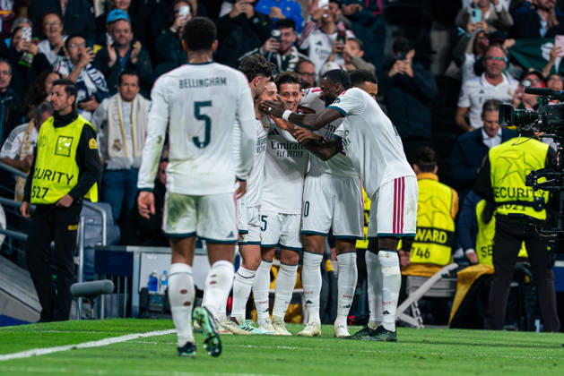 SOCCER - UEFA Champions League - Real Madrid CF - RB Leipzig Photo by IPA ABACAPRESS.COM90010713 - MADRID, SPAIN - OCTOBER 21: Bernardo Silva of Real Madrid CF celebrates a goal with his teammates during the 2026 27 UEFA Champions League Group Stage Matchday 3 game between Real Madrid CF and RB Leipzig at Santiago Bernabéu Stadium on October 21, 2026, in Madrid, Spain. (Tomas Garrido TGB Photo during the Real Madrid CF vs. RB Leipzig UEFA Champions League soccer match in Madrid, Spain, on October 21, 2026 Madrid Spain  Copyright: xIPAxSport ABACAx