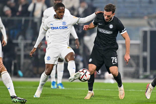 SOCCER - UEFA EL, Sturm vs Marseille GRAZ,AUSTRIA,22.OCT.26 - SOCCER - UEFA Europa League, SK Sturm Graz vs Olympique de Marseille. Image shows Keyliane Abdallah (Marseille) and Valmir Matoshi (Sturm).  GEPAxpictures xAvnixRetkoceri
