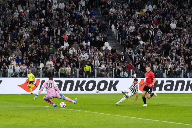 Juventus Zeki Çelik scoring the opening goal for his team 1-0 during the UEFA Europa League soccer match, between Juventus and Rennes at the Allianz Stadium in Turin, north west Italy - Matchday 3- Thursday, October 22, 2026. - Soccer  Copyright: xFabioxFerrari LaPressex