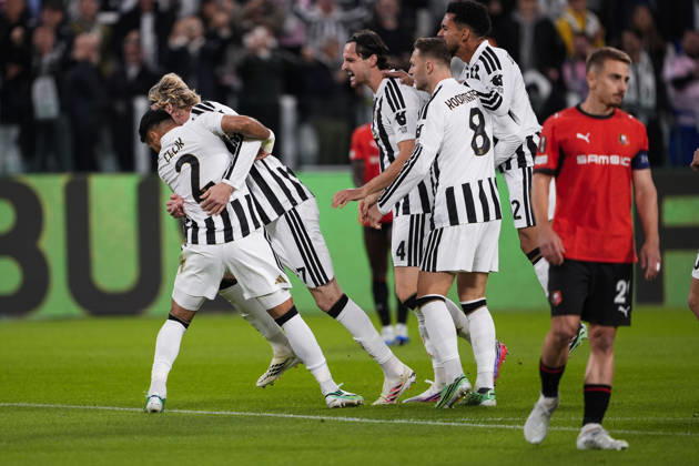 Juventus Zeki Çelik celebrates after scoring the opening goal for his team 1-0 during the UEFA Europa League soccer match, between Juventus and Rennes at the Allianz Stadium in Turin, north west Italy - Matchday 3- Thursday, October 22, 2026. - Soccer  Copyright: xFabioxFerrari LaPressex