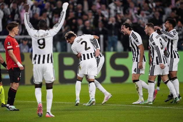 Juventus Zeki Çelik celebrates after scoring the opening goal for his team 1-0 during the UEFA Europa League soccer match, between Juventus and Rennes at the Allianz Stadium in Turin, north west Italy - Matchday 3- Thursday, October 22, 2026. - Soccer  Copyright: xFabioxFerrari LaPressex