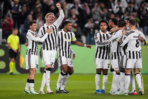 Juventus Zeki Çelik celebrates after scoring the opening goal for his team 1-0 during the UEFA Europa League soccer match, between Juventus and Rennes at the Allianz Stadium in Turin, north west Italy - Matchday 3- Thursday, October 22, 2026. - Soccer  Copyright: xFabioxFerrari LaPressex