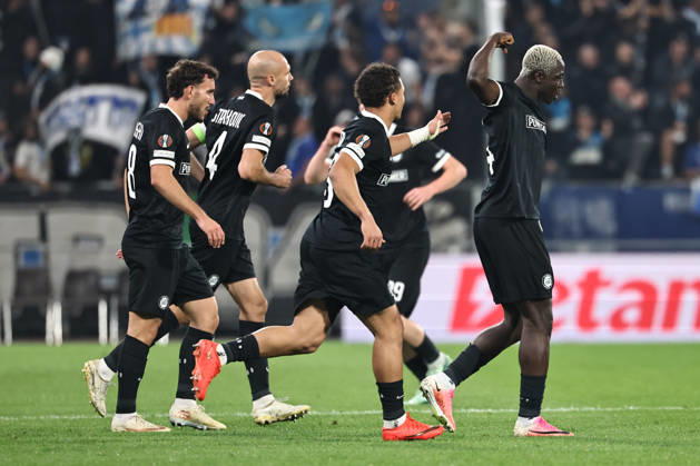 SOCCER - UEFA EL, Sturm vs Marseille GRAZ,AUSTRIA,22.OCT.26 - SOCCER - UEFA Europa League, SK Sturm Graz vs Olympique de Marseille. Image shows the rejoicing of Vakmir Matoshi, Jon Gorenc Stankovic, Jacob Hoedl and Oumar Diakite (Sturm).  GEPAxpictures xChrisxBauer