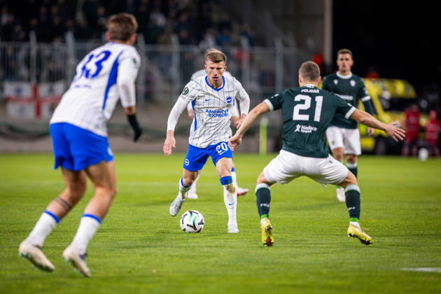 JABLONEC - BRIGHTON Costinha of Brighton and Matej Polidar of Jablonec during the matchday 2 of League phase round of UEFA Conference league football match between FK Jablonec and Brighton and Hove Albion at Stadion Strelnice. Jablonec nad Nisou, Czechia, October 22, 2026. Photo by Branislav Racko Copyright: xx 080A3565