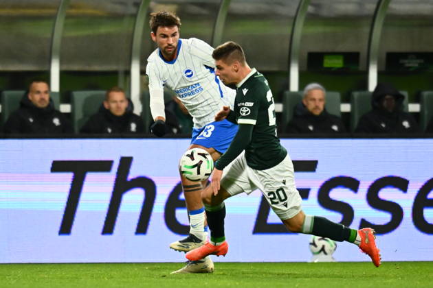 Football Conference League 2nd round match FK Jablonec vs Brighton in Jablonec nad Nisou, Czech Republic, October 21, 2026. From left Matt O Riley of Brighton and Jiri Slama of Jablonec. (CTKxPhoto RadekxPetrasek) CTKPhotoP2026102208085  CTKPhotoP2026102208085
