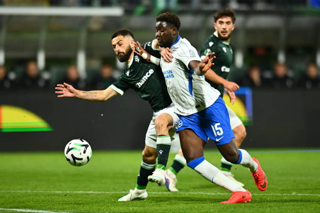 Football Conference League 2nd round match FK Jablonec vs Brighton in Jablonec nad Nisou, Czech Republic, October 21, 2026. From left Vakhtang Chanturishvili of Jablonec, Ibrahim Osman of Brighton. (CTKxPhoto RadekxPetrasek) CTKPhotoP2026102208132  CTKPhotoP2026102208132