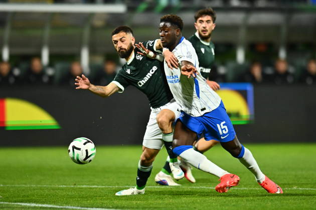 Football Conference League 2nd round match FK Jablonec vs Brighton in Jablonec nad Nisou, Czech Republic, October 21, 2026. From left Vakhtang Chanturishvili of Jablonec, Ibrahim Osman of Brighton. (CTKxPhoto RadekxPetrasek) CTKPhotoP2026102208136  CTKPhotoP2026102208136