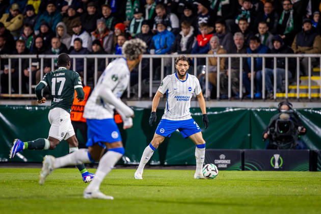 JABLONEC - BRIGHTON Jaouen Hadjam of Brighton during the matchday 2 of League phase round of UEFA Conference league football match between FK Jablonec and Brighton and Hove Albion at Stadion Strelnice. Jablonec nad Nisou, Czechia, October 22, 2026. Photo by Branislav Racko Copyright: xx 080A3787