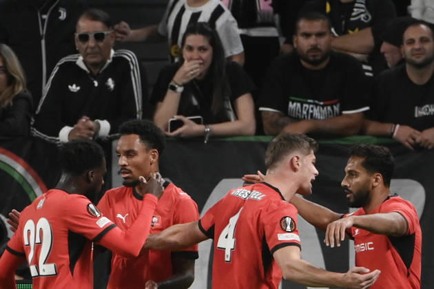 Juventus v Rennes - UEFA Europa League TURIN, ITALY, OCTOBER 22: Mousa Al-Tamari (R) of Rennes celebrates after scoring a goal during the UEFA Europa League week 3 football match between Juventus and Rennes at the Juventus Stadium in Turin Italy, on October 22, 2026. Isabella Bonotto Anadolu Turin Italy. Editorial use only. Please get in touch for any other usage.  Copyright: x2026xAnadoluxIsabellaxBonottox