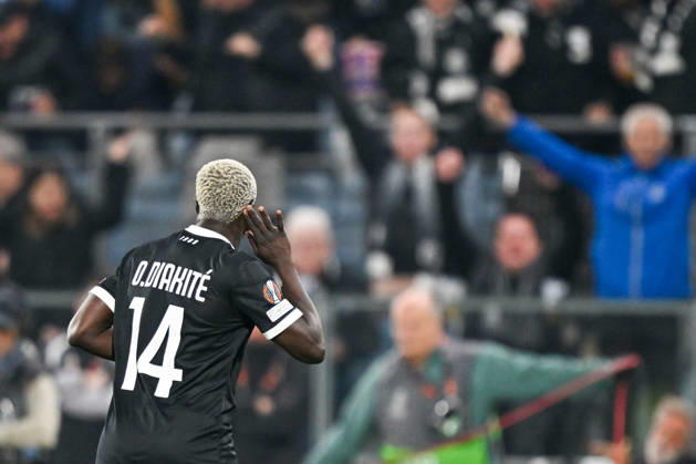 SOCCER - UEFA EL, Sturm vs Marseille GRAZ,AUSTRIA,22.OCT.26 - SOCCER - UEFA Europa League, SK Sturm Graz vs Olympique de Marseille. Image shows the rejoicing of Oumar Diakite (Sturm).  GEPAxpictures xAvnixRetkoceri