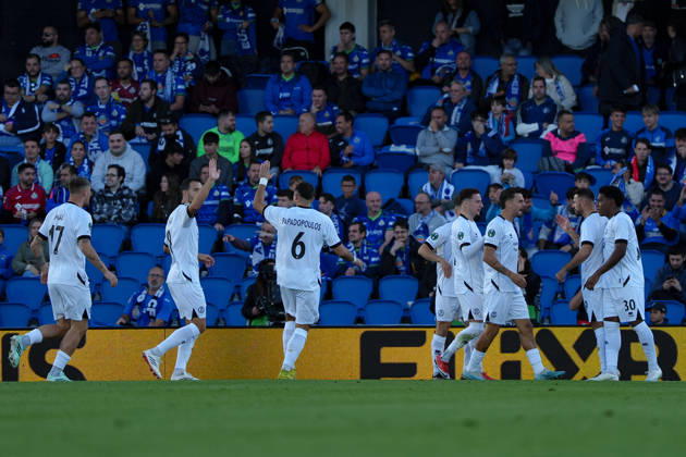 Players of Lugano celebrating after goal scored by Yanis Cimignani seen during UEFA Conference League 2026 27 League Phase, matchday 3 between Getafe CF and FC Lugano (Marta Lopez Ball Raw Images) Getafe Stadio Coliseum Spain Copyright: xMartaxLopezx LOP_GETvLUG-1