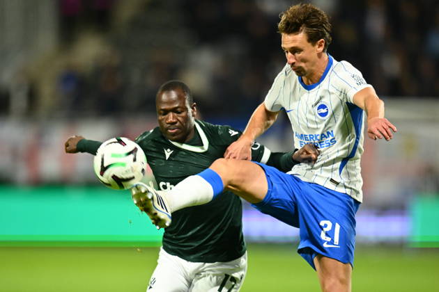 +++CAPTION CORRECTION+++Football Conference League 2nd round match FK Jablonec vs Brighton in Jablonec nad Nisou, Czech Republic, October 22, 2026. From left Saidou Alioum of Jablonec and Olivier Boscagli of Brighton. (CTKxPhoto RadekxPetrasek) CTKPhotoP2026102207945  CTKPhotoP2026102207945