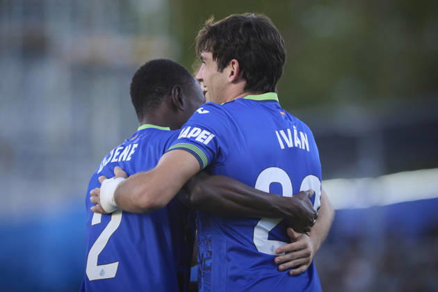 RAYO VALLECANO v FC LUGANO. UEFA EUROPA CONFERENCE LEAGUE 2026 2027. MATCHDAY 2. Getafe CF s Ivan Azon (r) and Djene Dakonam celebrate goal during UEFA Europa Conference League 2026 2027, Matchday 2. October 22, 2026. (ALTERPHOTOS Jorge Ropero) GetafeSpain  Copyright: xAcerox