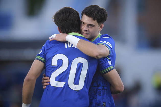 RAYO VALLECANO v FC LUGANO. UEFA EUROPA CONFERENCE LEAGUE 2026 2027. MATCHDAY 2. Getafe CF s Ivan Azon and Alberto Risco celebrate goal during UEFA Europa Conference League 2026 2027, Matchday 2. October 22, 2026. (ALTERPHOTOS Jorge Ropero) GetafeSpain  Copyright: xAcerox