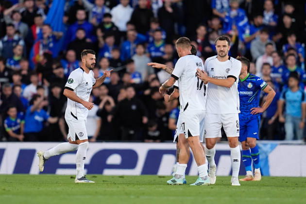 October 22, 2026, Getafe, Madrid, Spain: Albian Ajeti of FC Lugano celebrates after scoring his team s third goal during the UEFA Conference League 2026 27 League Phase MD2 football match between Getafe CF and FC Lugano at Coliseum de Getafe stadium on October 22, 2026, in Getafe, Spain. Getafe Spain - ZUMAa181 20261022_zaa_a181_033 Copyright: xDennisxAgyemanx