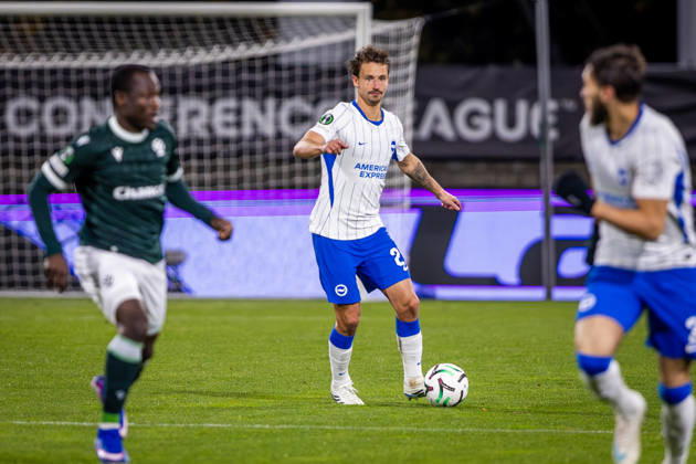 JABLONEC - BRIGHTON Olivier Boscagli of Brighton on the ball during the matchday 2 of League phase round of UEFA Conference league football match between FK Jablonec and Brighton and Hove Albion at Stadion Strelnice. Jablonec nad Nisou, Czechia, October 22, 2026. Photo by Branislav Racko Copyright: xx 080A4561