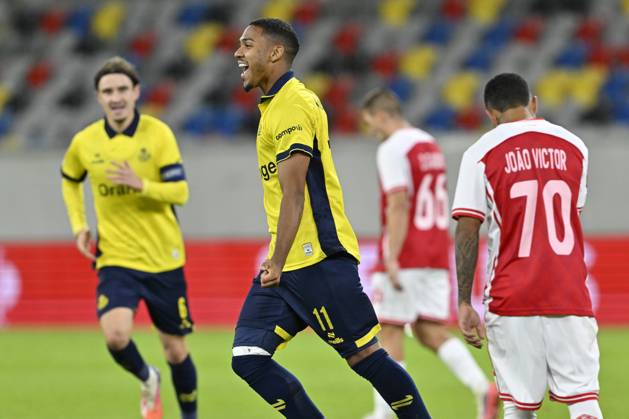 Royale Union Saint-Gilloise v Hapoel Beer-Sheva FC - UEFA Europa League DUSSELDORF, GERMANY - OCTOBER 22 : Smith Guilherme forward of Royale Union Saint-Gilloise celebrates scoring a goal during the UEFA Europa League 2026 27 League Phase matchday 3 match between Royale Union Saint-Gilloise and Hapoel Beer-Sheva FC on October 22, 2026 in Dusseldorf, Germany, 22 10 2026 Dusseldorf Germany  Copyright: xDhax
