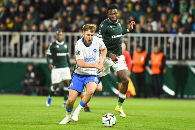 JABLONEC NAD NISOU, CZECH REPUBLIC - OCTOBER 22, 2026: UEFA Conference League 2026 27 league phase football match between FK Jablonec and Brighton & Hove Albion at Stadion Strelnice in Jablonec nad Nisou, Czech Republic. Persons shown: Jack Hinshelwood Nelson Okeke Photo: Antoni Dec Arena Akcji. NEWSPIX.PL --- newspix.pl 