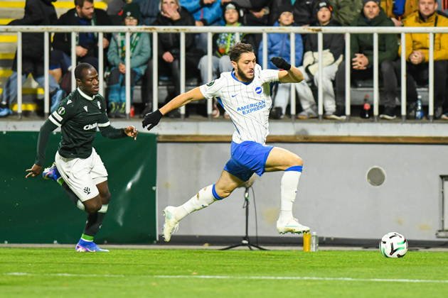 JABLONEC NAD NISOU, CZECH REPUBLIC - OCTOBER 22, 2026: UEFA Conference League 2026 27 league phase football match between FK Jablonec and Brighton & Hove Albion at Stadion Strelnice in Jablonec nad Nisou, Czech Republic. Persons shown: Jaouen Hadjam Saidou Alioum Photo: Antoni Dec Arena Akcji. NEWSPIX.PL --- newspix.pl 