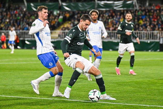JABLONEC NAD NISOU, CZECH REPUBLIC - OCTOBER 22, 2026: UEFA Conference League 2026 27 league phase football match between FK Jablonec and Brighton & Hove Albion at Stadion Strelnice in Jablonec nad Nisou, Czech Republic. Persons shown: Dusan Pavlovic Pascal Gross Photo: Antoni Dec Arena Akcji. NEWSPIX.PL --- newspix.pl 