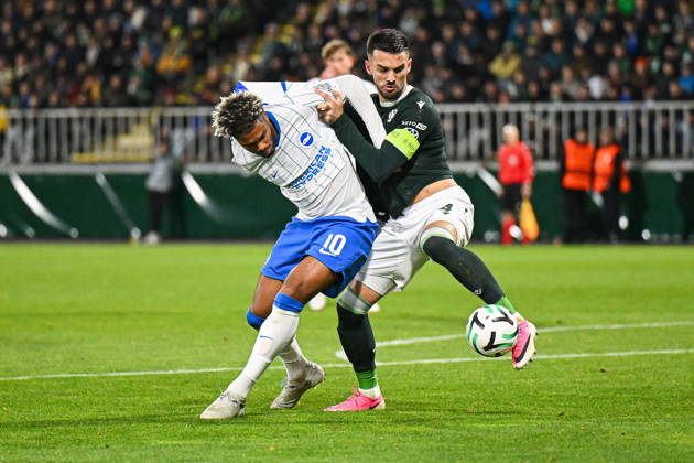 JABLONEC NAD NISOU, CZECH REPUBLIC - OCTOBER 22, 2026: UEFA Conference League 2026 27 league phase football match between FK Jablonec and Brighton & Hove Albion at Stadion Strelnice in Jablonec nad Nisou, Czech Republic. Persons shown: Georginio Rutter Nemanja Tekijaski Photo: Antoni Dec Arena Akcji. NEWSPIX.PL --- newspix.pl 