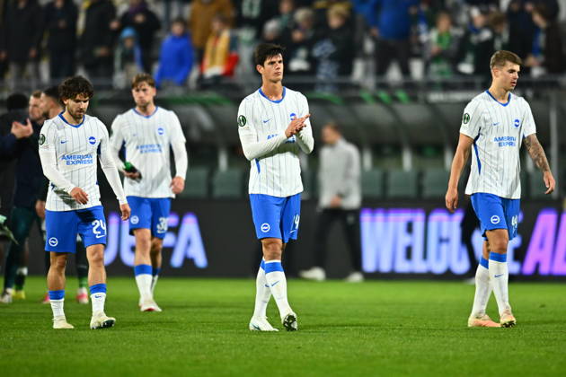 Football Conference League 2nd round match FK Jablonec vs Brighton in Jablonec nad Nisou, Czech Republic, October 22, 2026. From left Ferdi Kadioglu, Chema Andres, Luka Vuskovic, all of Brighton. (CTKxPhoto RadekxPetrasek) CTKPhotoP2026102209116  CTKPhotoP2026102209116