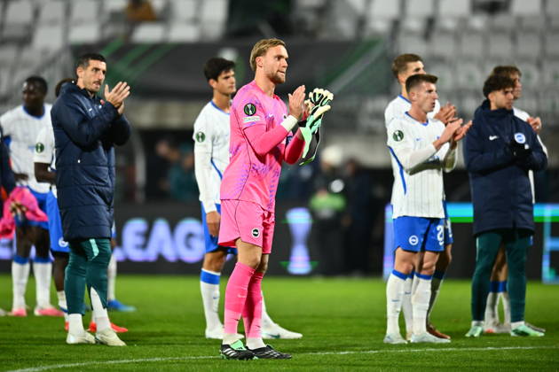 Football Conference League 2nd round match FK Jablonec vs Brighton in Jablonec nad Nisou, Czech Republic, October 22, 2026. Bart Verbruggen, goalie of Brighton (centre). (CTKxPhoto RadekxPetrasek) CTKPhotoP2026102209137  CTKPhotoP2026102209137