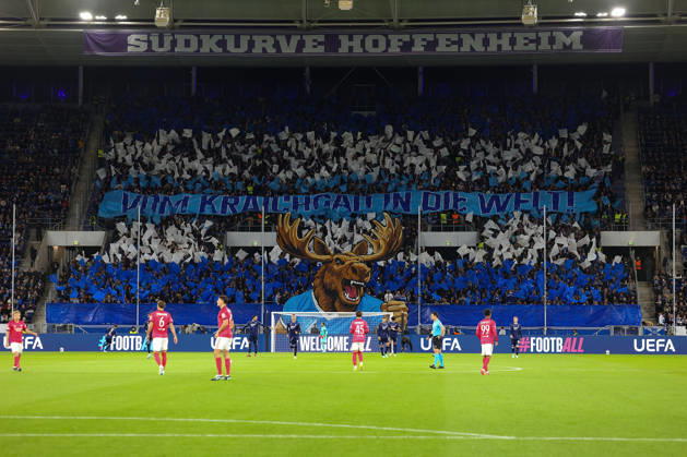 Sinsheim, Germany - Octobre 22: TSG Hoffenheim choreography by the fans, Fans, mood, scarves, jerseys, emotions during the UEFA Europa League phase Matchday 3 2026 27 match between TSG Hoffenheim and Olympique Lyon at Rhein Neckar Arena on Octobre, 2026 in Sinsheim, Germany Copyright: HMBxMedia JoaquimxFerreira