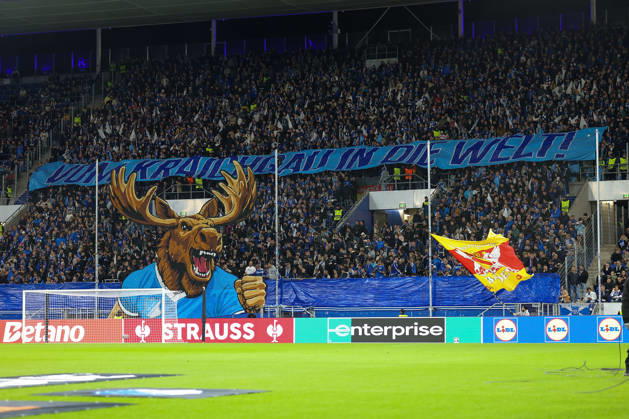 Sinsheim, Germany - Octobre 22: TSG Hoffenheim choreography by the fans, Fans, mood, scarves, jerseys, emotions during the UEFA Europa League phase Matchday 3 2026 27 match between TSG Hoffenheim and Olympique Lyon at Rhein Neckar Arena on Octobre, 2026 in Sinsheim, Germany Copyright: HMBxMedia JoaquimxFerreira