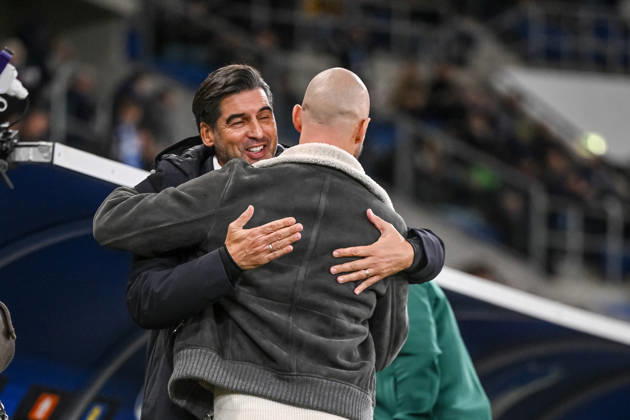 coach Paulo Fonseca (Olympique Lyon) and Trainer Christian Ilzner (TSG 1899 Hoffenheim) greet each other during the UEFA Europa League 2026 27 League Phase match between TSG 1899 Hoffenheim and Olympique Lyonnais at Rhein-Neckar-Arena on October 22, 2026 in Sinsheim, Germany. (Photo by Harry Langer DeFodi Images) -
