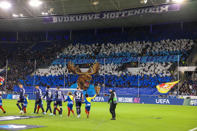 Sinsheim, Germany - Octobre 22: TSG Hoffenheim choreography by the fans, Fans, mood, scarves, jerseys, emotions during the UEFA Europa League phase Matchday 3 2026 27 match between TSG Hoffenheim and Olympique Lyon at Rhein Neckar Arena on Octobre, 2026 in Sinsheim, Germany Copyright: HMBxMedia JoaquimxFerreira