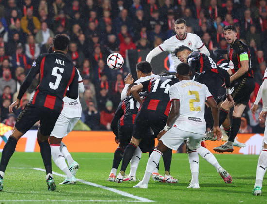 Bournemouth, England, 22nd October 2026. Evanilson of Bournemouth heads towards goal which is stopped by a hand ball during the AFC Bournemouth vs AC Milan UEFA Europa League match at the Vitality Stadium, Bournemouth. Picture credit should read: Paul Terry Sportimage EDITORIAL USE ONLY. No use with unauthorised audio, video, data, fixture lists, club league logos or live services. Online in-match use limited to 120 images, no video emulation. No use in betting, games or single club league player publications. SPI_012_PT_Bournmouthmouth_AC_Milan SPI-5092-0012
