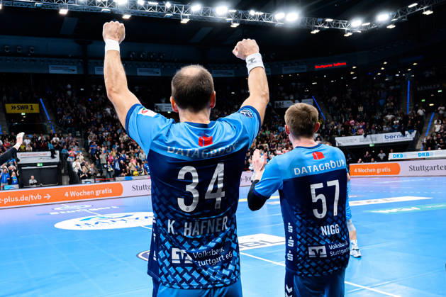 Stuttgart: HBL - 26 27 - TVB Stuttgart - SG BBM Bietigheim Kai Häfner Haefner (Stuttgart) Jubel Freude Emotion Stuttgart Porsche Arena Baden-Württemberg Deutschland
